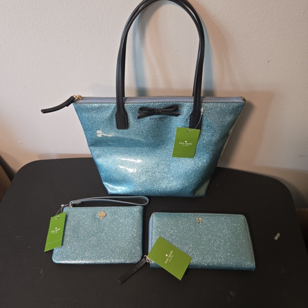 Kate Spade Glittery Blue Tote with Wallet Set